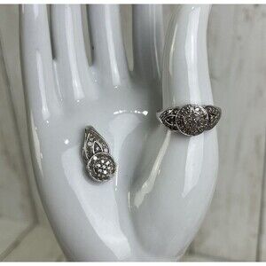 925 Sterling Silver Diamond Cluster Halo Ring Sz 6.5 & Matching Pendant TU